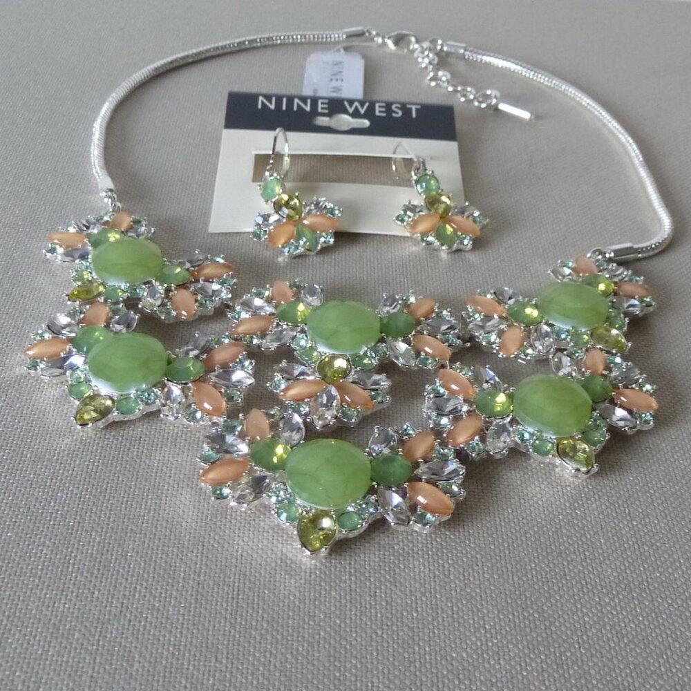 Necklace and Earrings Flowers Green, Orange Crystals Silver Ton Chain 16" NWT